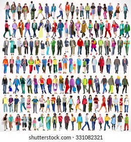 Urban Multiethnic People Collage Large Set Colorful Flat Icon Set Isolated Walking Female and Male People Characters. Asiatic British African Indian Young Adult Boys and Girls Collage Vector Image.