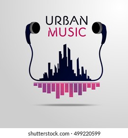 Urban music city scape with headphones and equalizer theme vector illustration