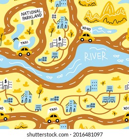 Urban and natural landscape. City, river, park, mountains, cars, Taxi. Seamless pattern. Hand drawn cartoon illustration. Background for a children's play area, carpet, web site.