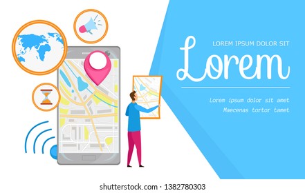 Urban Navigation App Flat Banner Vector Template. Young Tourist Lost in City Cartoon Character. Map on Smartphone Screen, Mobile Technology. GPS, Tourism Software Illustration with Text Space