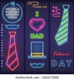 Urban Neon Fluorescent Template of Happy Father's Day Greeting Card. Neon Glowing Sign Alphabet and Design Elements and Objects for Fathers Day on Brick Wall Background. Vector Illustration.