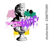 Urban neon urban graffiti print with halftone Antique Greek sculpture vandal concept. Hipster graphic vector isolated illustration for tee - t shirt and sweatshirt.