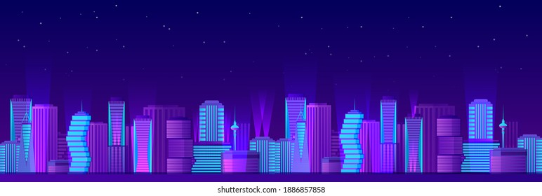 Urban neon night landscape. Bright purple skyscrapers with blue light on background of dark starry vector sky.