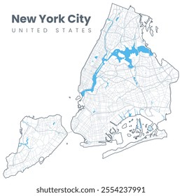 Urban New York City map. Map of NYC, USA borders. Vector stroke version including streets.