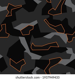 Urban night camouflage seamless pattern with polygonal shapes and orange outlines. 