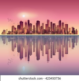 Urban night city landscape in moonlight or sunset, with reflection in water 