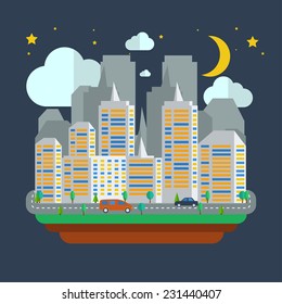Urban  Night city landscape. Small town flat design style, vector illustration. Includes big business, buildings, trees, street with walking, skyscrapers. 