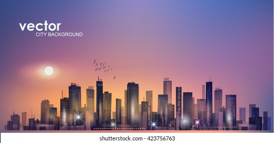 Urban  night city skyline in moonlight or sunset 