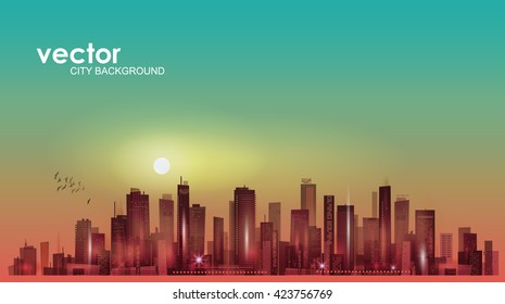 Urban night city skyline in moonlight or sunset