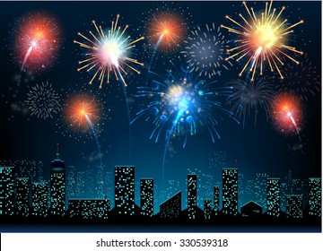 Urban at night with colorful firework background. Vector