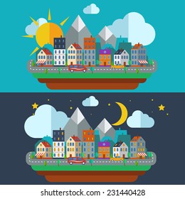 Urban Night and day city landscape. Small town flat design style, vector illustration. Includes small business, buildings, trees, street with walking. 