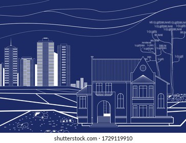 La mansión se encuentra en las afueras de la ciudad, al lado de dos grandes pinos. Arte de diseño vectorial. Ilustración.