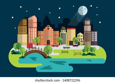 Urban Night landscape with large modern buildings