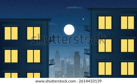 Urban Night Scene – Flat Vector City with Lit Windows and Full Moon