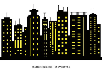 Urban Night Skyline Illustration with Illuminated Windows in Black and Yellow Theme