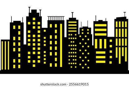 Urban Night Skyline Silhouette with Bright Yellow Windows and Black Modern Buildings