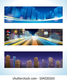 Urban Night. Vector banner set of city landscape, street lights, city panorama.