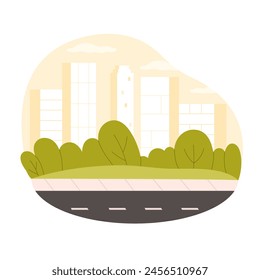 An urban oasis featuring a lush park in the foreground with a modern city skyline rising in the background under a soft sky isolated