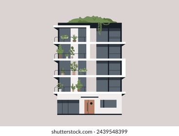 Urban Oasis, Verdant Balconies Adorn a Modern Condo at Twilight, A modern housing estate becomes a vertical garden with lush plants on each balcony