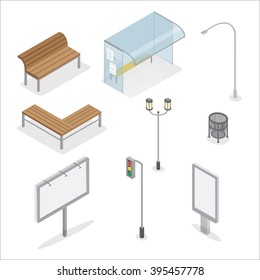 Urban Objects Traffic Light, Bench, Bus Stop. Isometric City. Vector illustration