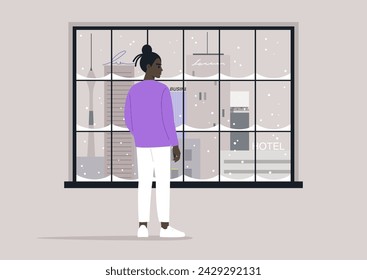 Urban Observer Contemplating Cityscape, A person gazes out a large window at towering skyscrapers