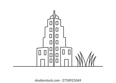 Urbana complejo de oficinas de una línea de dibujo con césped y ventanas