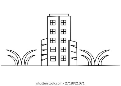 Urbana complejo de oficinas de una línea de dibujo con césped y ventanas
