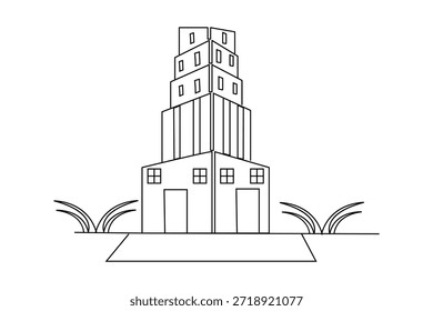 Urbana complejo de oficinas de una línea de dibujo con césped y ventanas