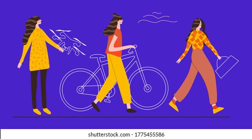 Urban outdoor activity cartoon character. A girl is holding a drone, a woman is riding a bicycle, a student is walking. Flat and line vector illustration in modern style isolated on purple background