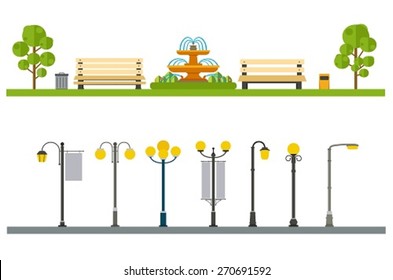 Urban outdoor decor, elements parks and alleys, streets and sidewalks