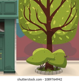 Urban outdoor decor elements. Tree and bushes