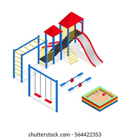 Urban Outdoor Playground Elements Set Isometric View Park Square for Leisure Kids. Vector illustration