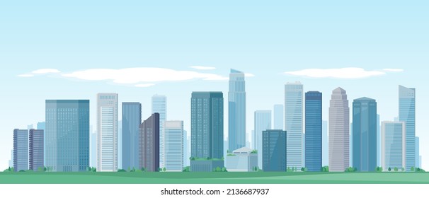 Urban panorama cityscape with blue sky background. Vector illustration of green city landscape such as buildings, modern downtown skyscrapers, park and trees.