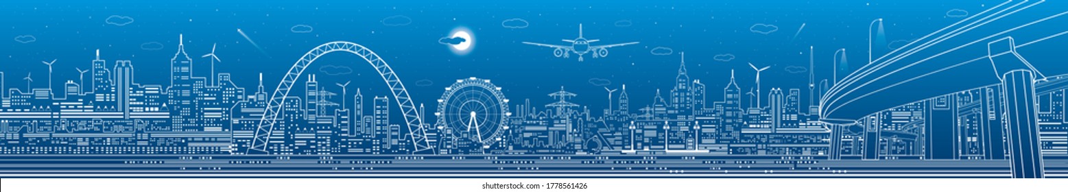 Urban panorama. Modern city skyline outline illustration. Illumination highway bridge. Сar overpass. Ferris wheel. Town infrastructure. White lines on blue background. Vector design art