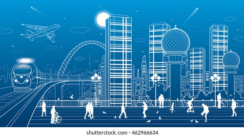 Urban panorama, office buildings and shopping centers, train rides on the bridge, people walk on the square, the city's infrastructure, neon town, airplane fly, vector design art
