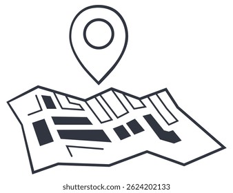 Urban paper map with a location pin symbol.  Folded city map with GPS marker. Vector illustration isolated on a white background.