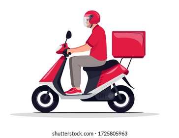 Urban parcel delivery semi flat RGB color vector illustration. Essential service worker with package on motorbike. Caucasian male courier in red uniform isolated cartoon character on white background