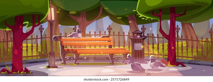 Urban park with birds eating seeds. Vector cartoon illustration of public garden with wooden bench, waste bin, retro lanterns, summer green trees, elegant iron fence and pigeons in morning sunlight