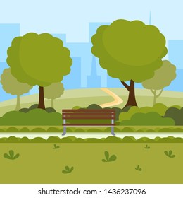 Urban park cartoon vector illustration. Outdoor leisure on nature public place, green trees, wooden benches and modern buildings cityspace. Recreational downtown central park drawing 