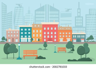 Urban park, city downtown with skyscrapers view. Small street with houses, shops, offices. Background for animation advertising real estate or building concept. Vector stock illustration. EPS10 