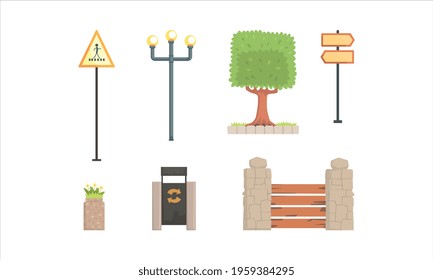 Urban Park Decor Elements Set, City Landscape Construction Design, Lamppost, Road Sign, Trash Bin Cartoon Vector Illustration