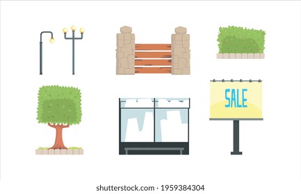 Urban Park Decor Elements Set, City Outdoor Design for Landscape Construction Cartoon Vector Illustration