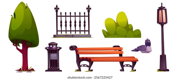 Urban park design elements set isolated on white background. Vector cartoon illustration of wooden bench, waste bin, retro lantern, summer green tree and bush, elegant iron fence and pigeon bird