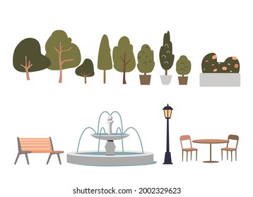 Urban Park Elements Set With Trees, Bushes, Flowers, Bench, Torch And Fountain. City Green Space Concept. Cartoon Outdoor Decoration Collection. Flat Vector Illustration