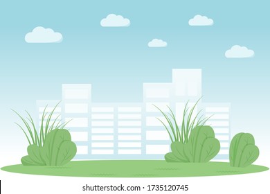 Urban park flat color vector illustration. Garden in city. Summer recreation meadow spot. Skyscraper buildings on horizon. Green lawn 2D cartoon landscape with cityscape on background