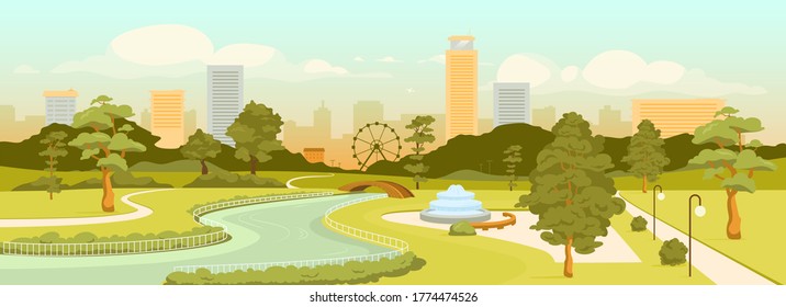 Ilustración vectorial de color plano de parque urbano. Zona de recreación de la ciudad y edificios modernos durante el día. Reposo al aire libre. Paisaje de dibujos animados en 2D cuadrado con rascacielos y árboles en segundo plano