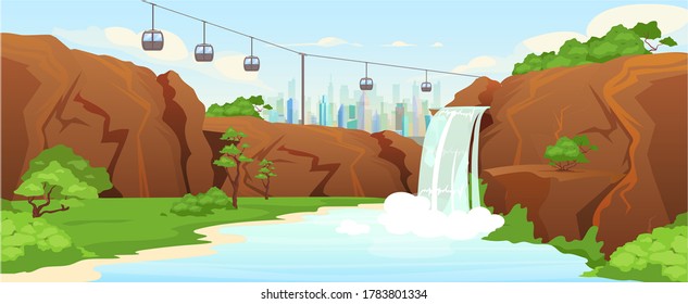 Urban park flat color vector illustration. Waterfall in city parkland 2D cartoon landscape with skyline on background. Public recreation spot, picturesque urban garden with funicular