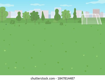 Urban park flat color vector illustration. Football goal. Field for soccer game. Spring season. Place for outdoor sport activity. City environment 2D cartoon landscape with skyline on background