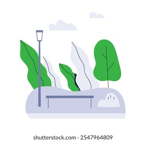 Urban park landscape with bench, trees and street lamp post. Public space, green environment. Relaxing serene scenery with outdoor seat. Flat vector illustration isolated on white background