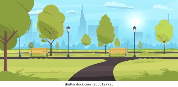 Urban park landscape with benches and trees. Vector illustration